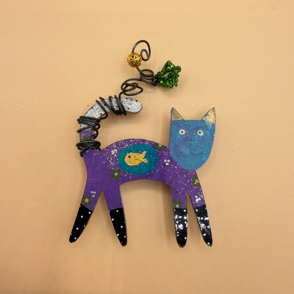 Whimsical Purple Blue Cat Brooch Pin Painted Wood Fish Wire Tail Folk Art Gift